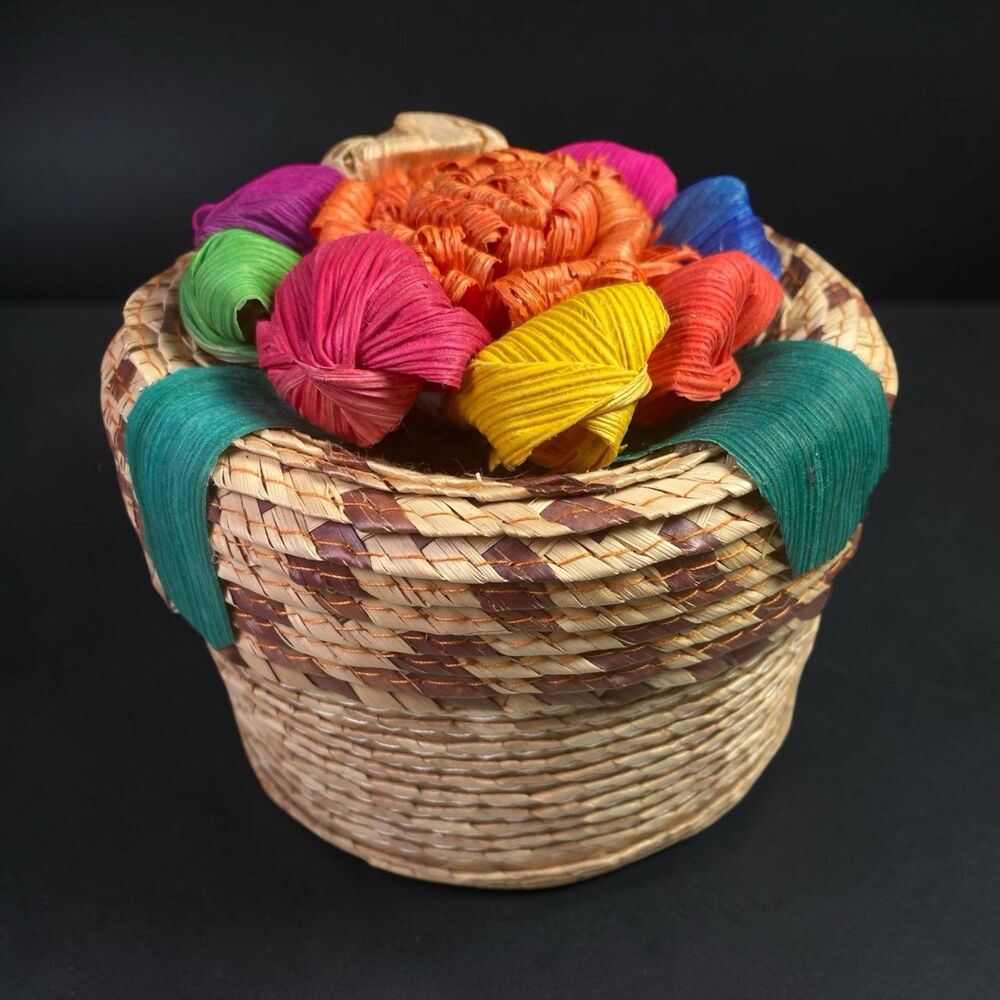 Mexican Tenate Woven Basket Trinket Box Raffia Flower Lid 4.5” Folk Art